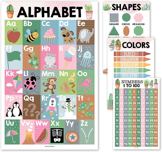 4 Cactus Pre K & Kindergarten Homeschool Supplies - ABC Chart For Wall For Toddlers, Number Chart 1-100 For Kids For Wall, Color Posters For Classroom Posters Preschool, Preschool Learning Posters