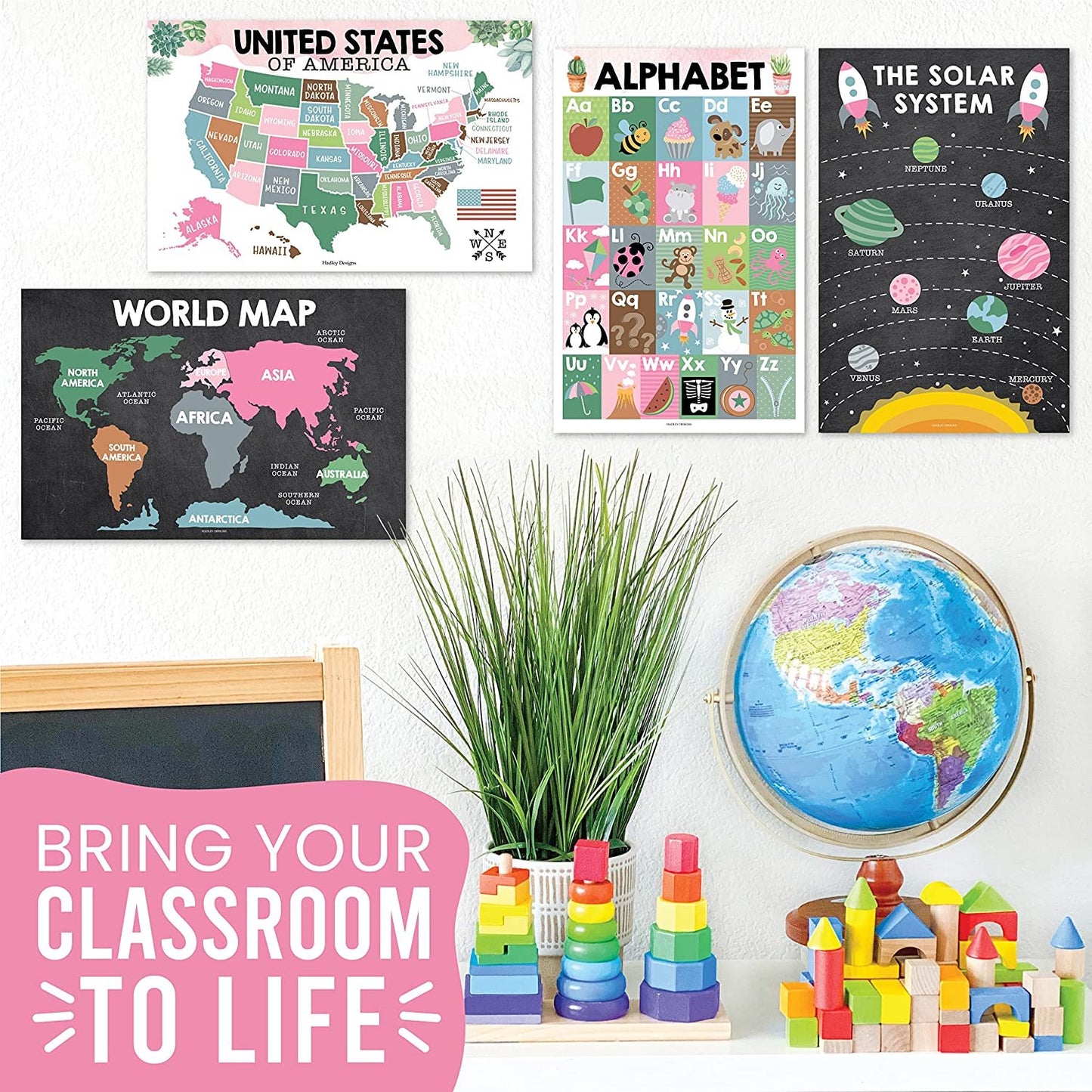 4 Cactus Pre K Learning Posters For Toddlers 1-3 - ABC Poster For Toddlers Wall, Solar System Poster For Kids Maps, Preschool Classroom Map Of The World Poster, Kindergarten Homeschool Supplies