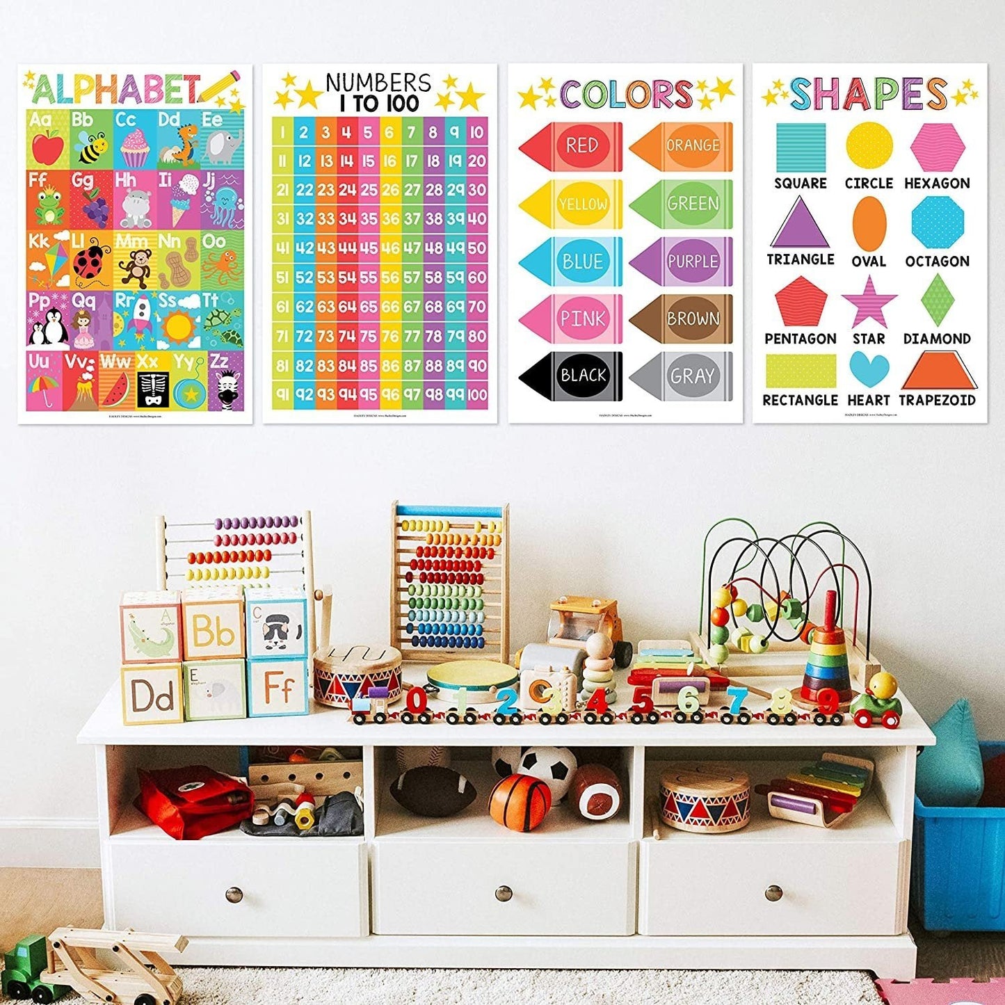 Colorful Posters | ABC, Numbers 1-100, Colors, and Shapes | Set of 4