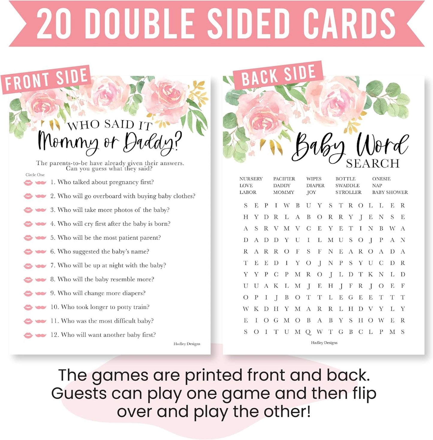 20 Floral Baby Shower Games For Girl - Hilarious Baby Shower Games Girl, Guess Who Mommy Or Daddy Baby Shower Game, Baby Girl Baby Shower Word Search Game, Baby Girl Baby Shower Games Funny