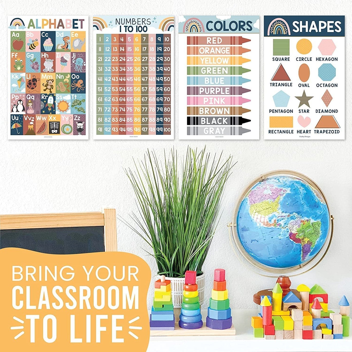 Boho Posters | ABC, Numbers 1-100, Colors, and Shapes | Set of 4