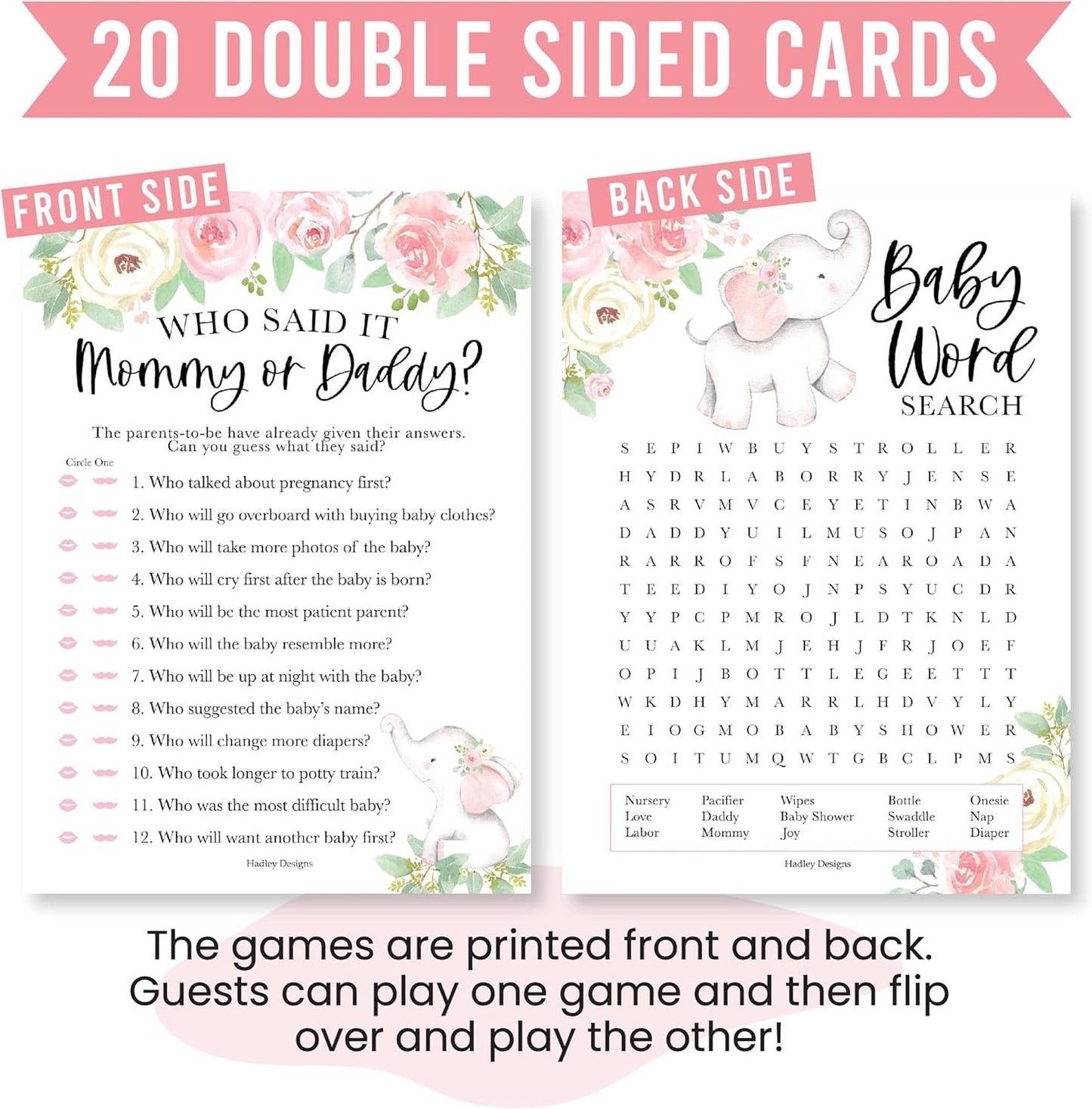 20 Elephant Baby Shower Games For Girl - Hilarious Baby Shower Games Girl, Guess Who Mommy Or Daddy Baby Shower Game, Baby Girl Baby Shower Word Search Game, Baby Girl Baby Shower Games Funny