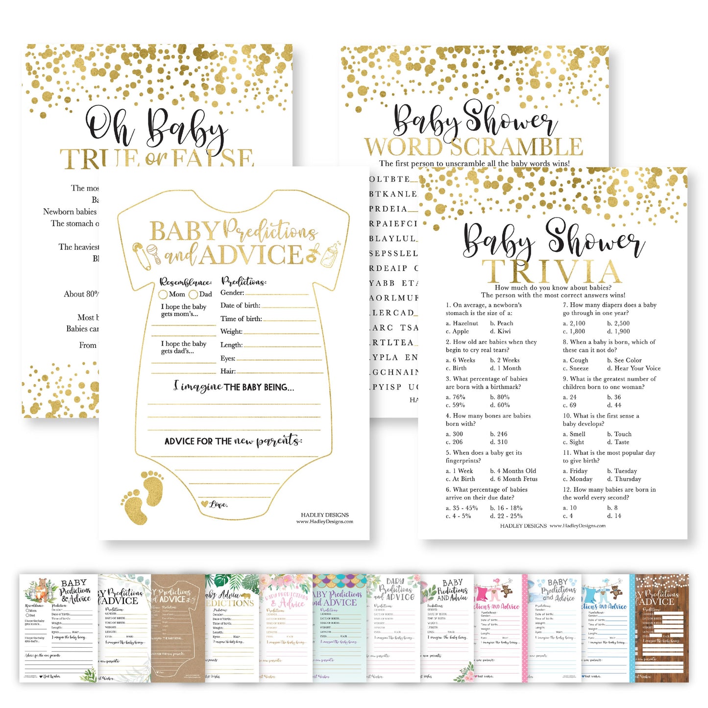 Word Scramble, True or False, Predictions, Trivia Baby Shower Games | Set of 50