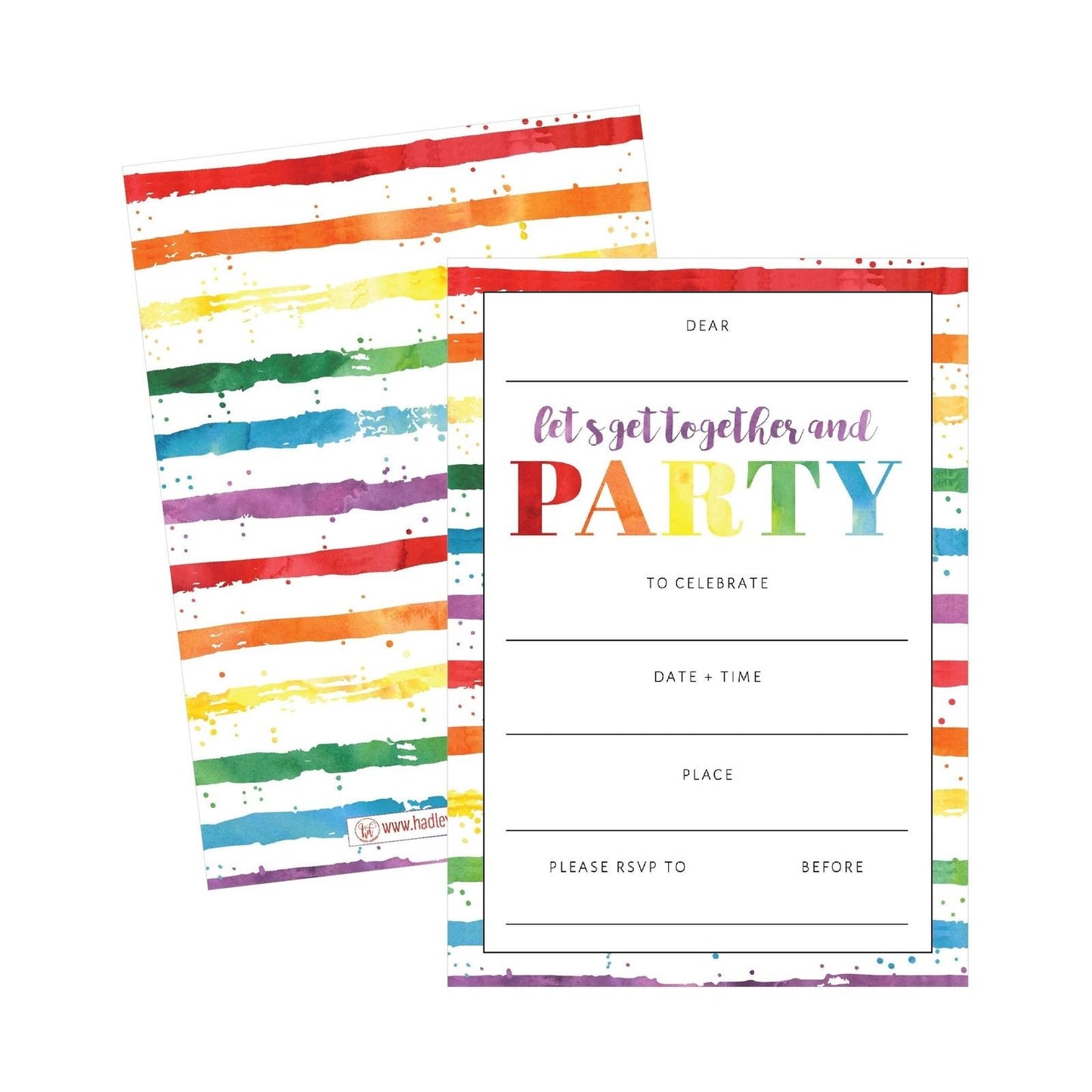 25 Art Stripe Rainbow Party Invitations for Kids, Teens, Adults, Boys & Girls, Blank Children Happy 1st Birthday Invitation Cards, Unique Baby First Bday Invites Toddler 1 2 3 Year Old Invites Fill In