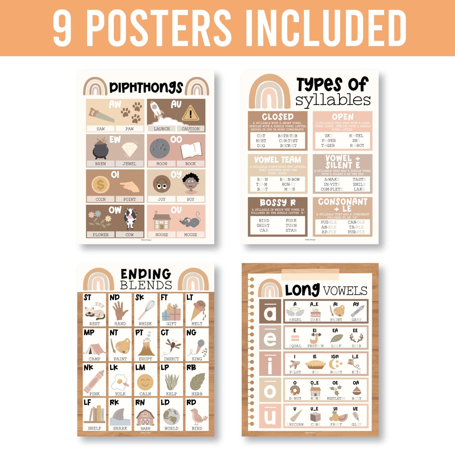 Boho Neutral Phonics & Vowel Posters | Set of 9 | Educational Posters