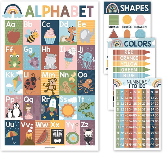 Boho Posters | ABC, Numbers 1-100, Colors, and Shapes | Set of 4