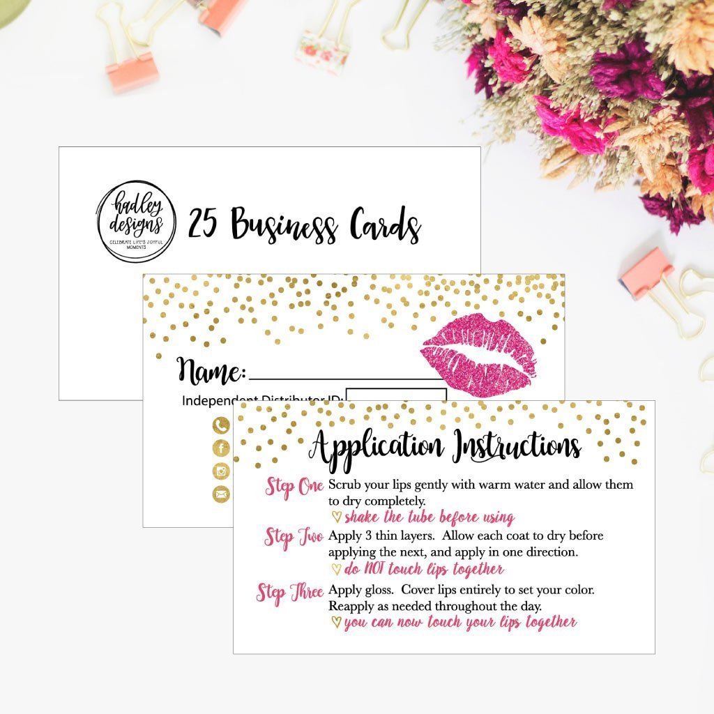 25 Lipstick Business Marketing Cards, How To Apply Application Instruction Tips Lip Sense Distributor Advertising Supplies Tool Kit Items, Makeup Party For Lipsense Younique Mary Kay Avon Amway Seller