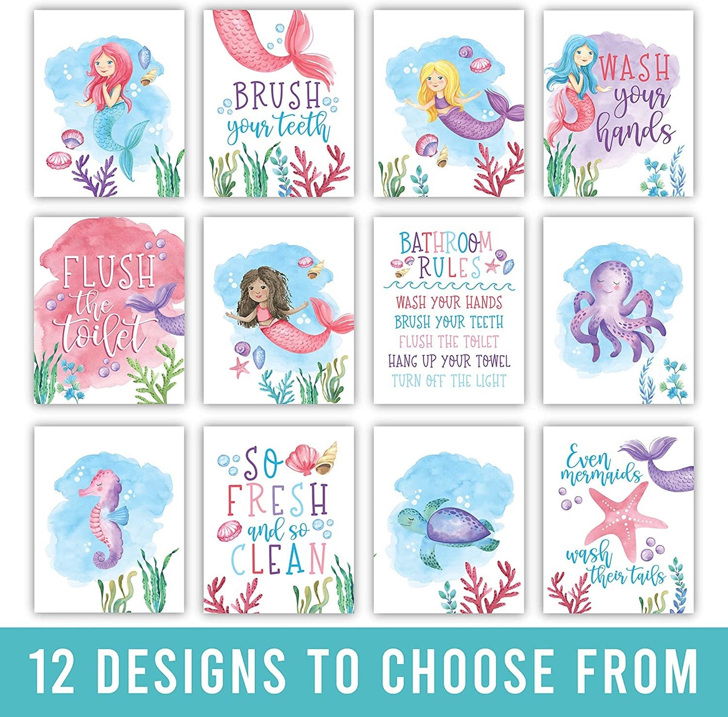 Kids Bathroom Wall Art | Set of 6 Reversible Prints | Home Decor