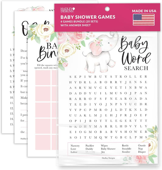 40 Elephant Baby Shower Games For Girl - Baby Games For Baby Shower Bingo Game Girl, Who Knows Mommy Best Baby Shower Game, Girl Baby Shower Word Search Game, Advice Cards Baby Shower Mad Libs Game