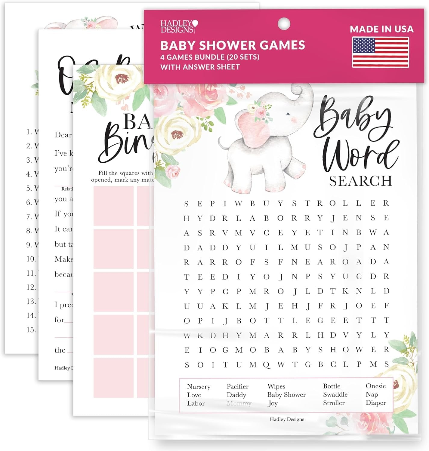 40 Elephant Baby Shower Games For Girl - Baby Games For Baby Shower Bingo Game Girl, Who Knows Mommy Best Baby Shower Game, Girl Baby Shower Word Search Game, Advice Cards Baby Shower Mad Libs Game