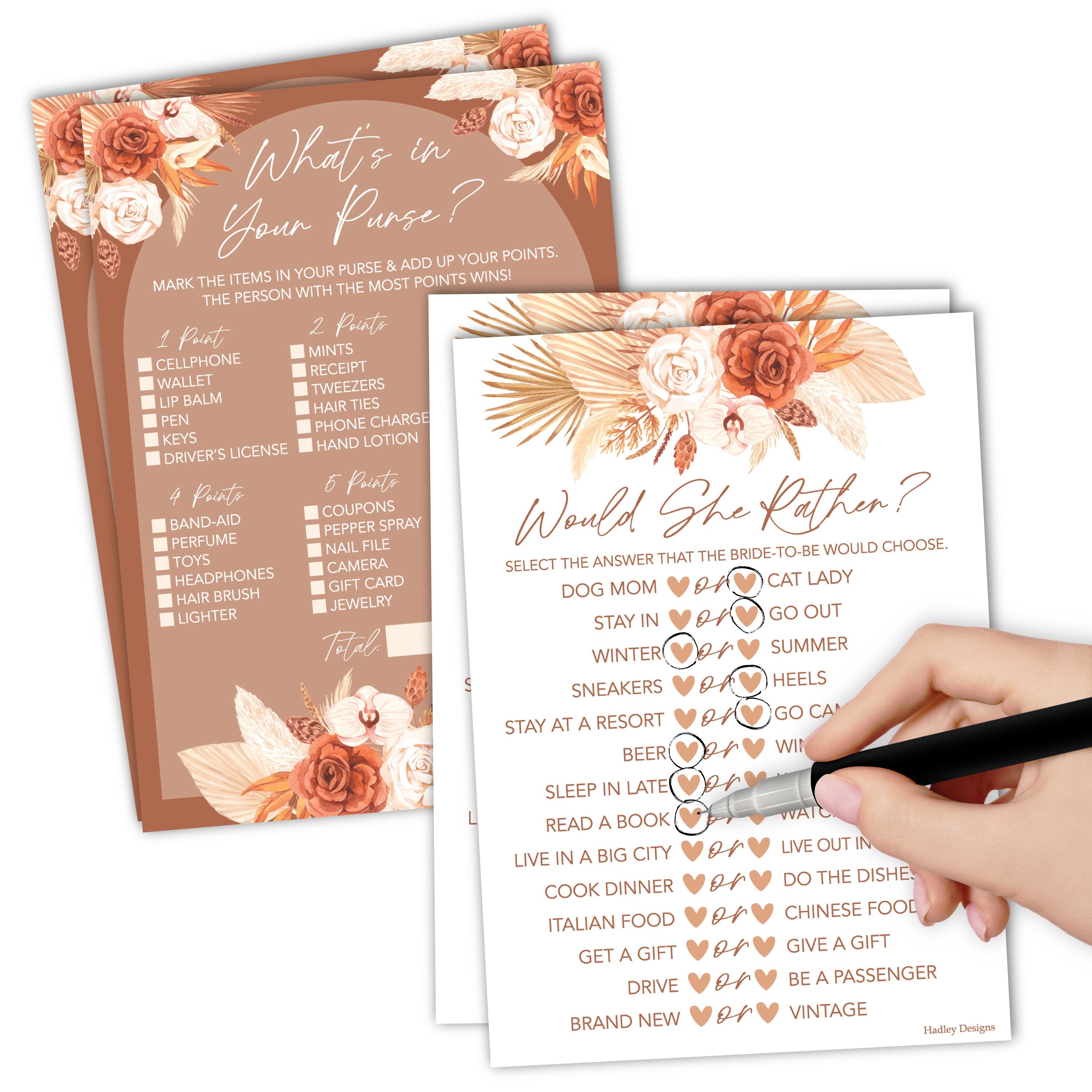 Would She Rather & What's in Your Purse Games | Set of 20 | Bridal Shower Games