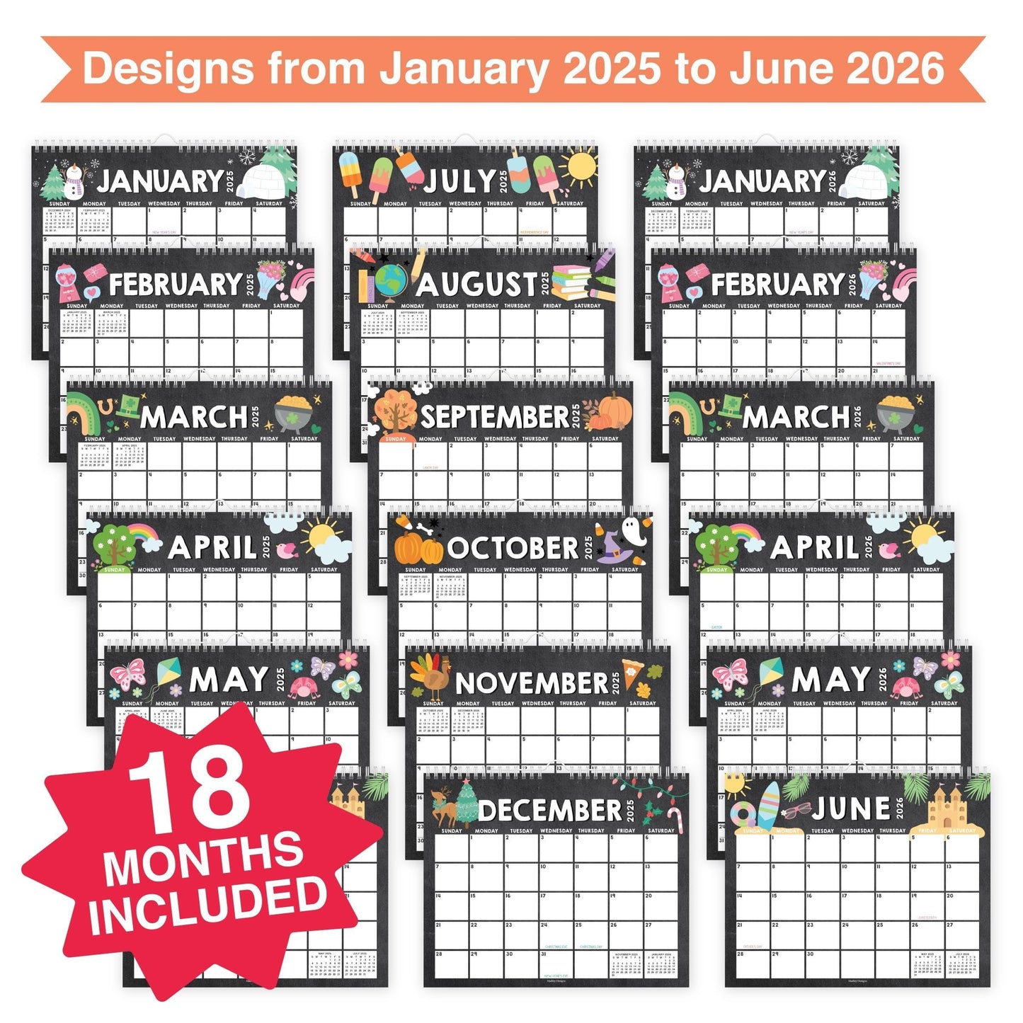 Chalk Doodle Large Wall Calendar | 2025-2026 | 18 Month | Home & Office