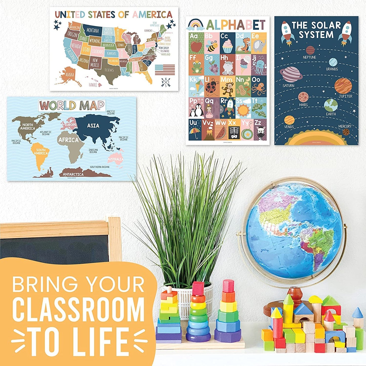 4 Boho Pre K Learning Posters For Toddlers 1-3 - ABC Poster For Toddlers Wall, Solar System Poster For Kids Maps, Preschool Classroom Map Of The World Poster, Kindergarten Homeschool Supplies