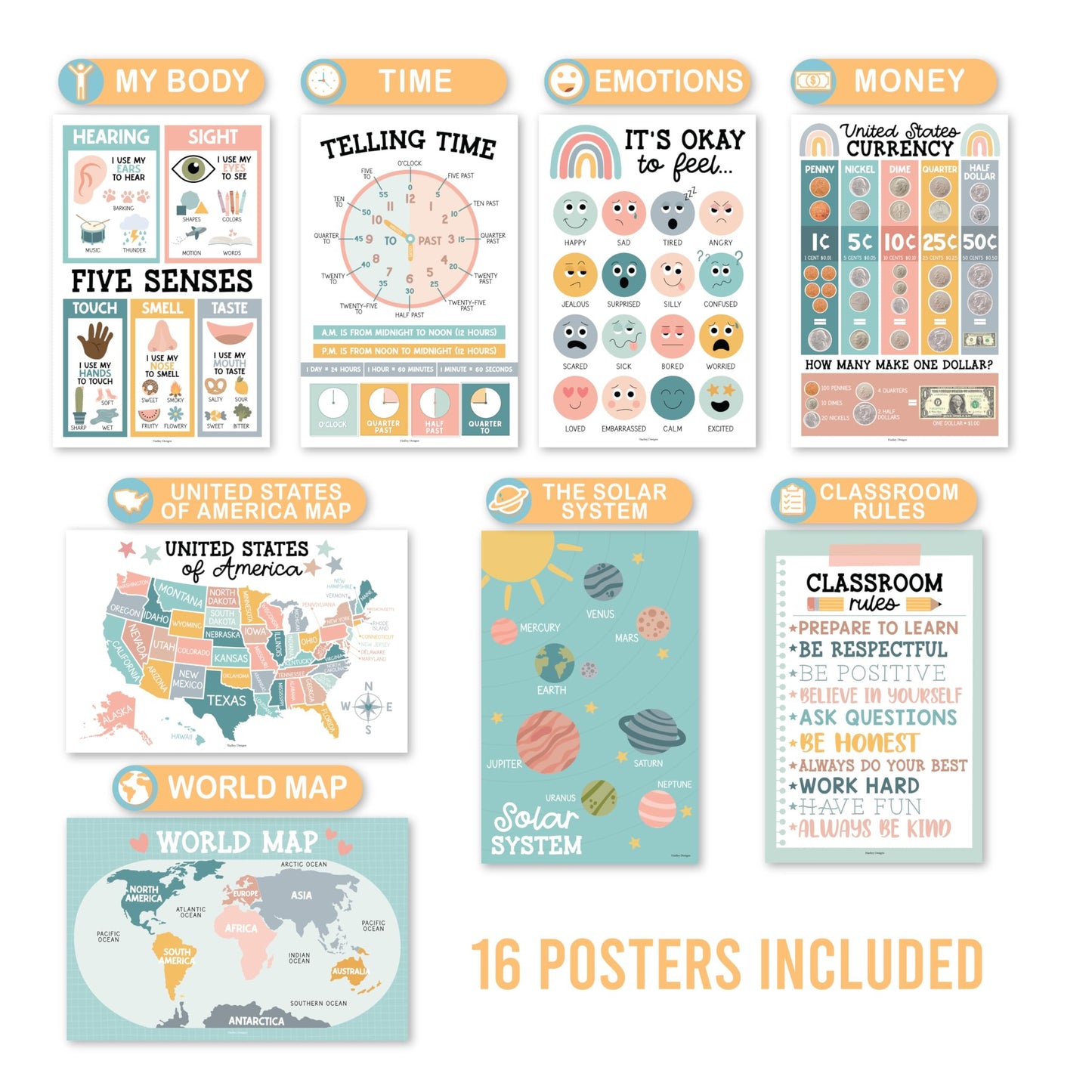 Boho Muted Educational Posters | Set of 16 | Classroom Supplies