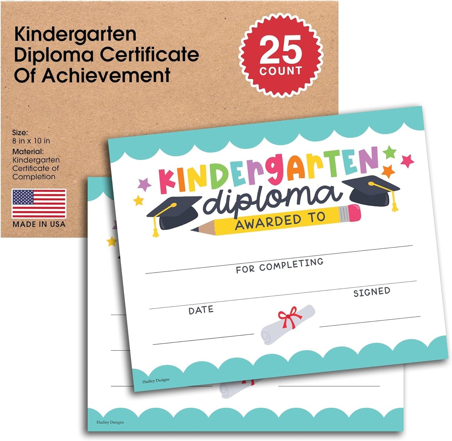 25 Colorful Kindergarten Diploma Certificate of Achievement - Kindergarten Graduation Certificates for Kids, Kindergarten Certificates of Completion, Kindergarten Awards Certificates, Awards for Kids