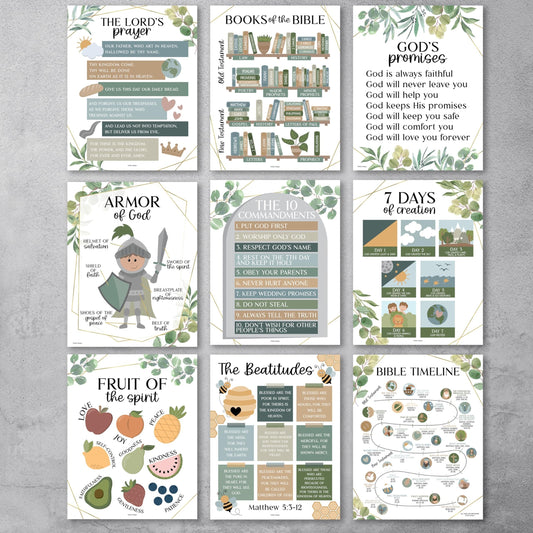 Greenery Bible Posters| Set of 9 | Sunday School Classroom