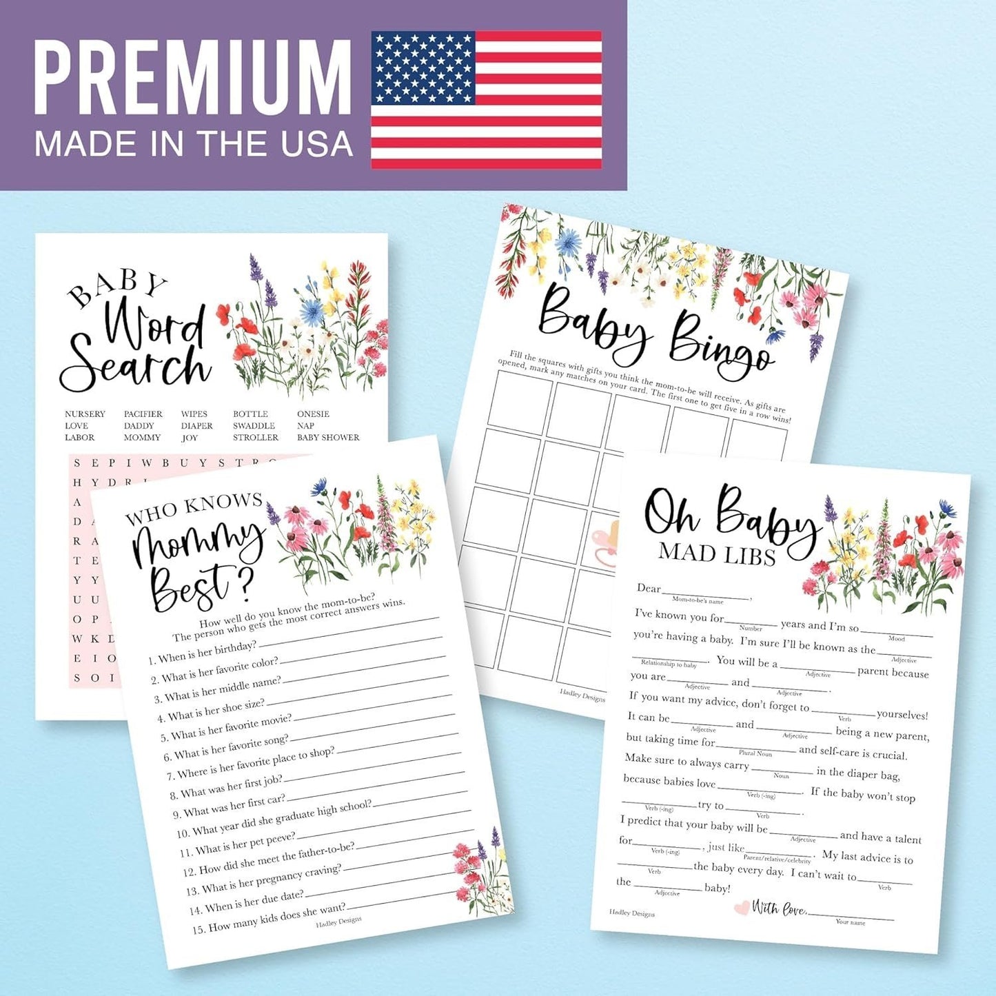 Word Search, Who Knows Mommy Best, Mad Libs, & Bingo Games | Set of 40 | Baby Shower Games