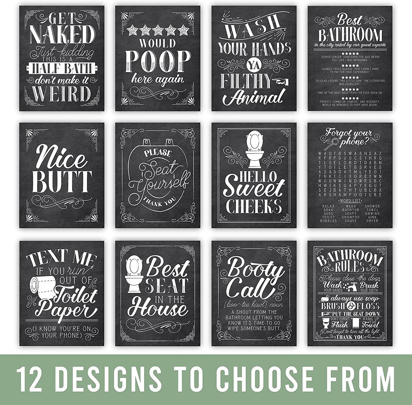 Rustic Black Bathroom Wall Art | Set of 6 Reversible | Home Decor