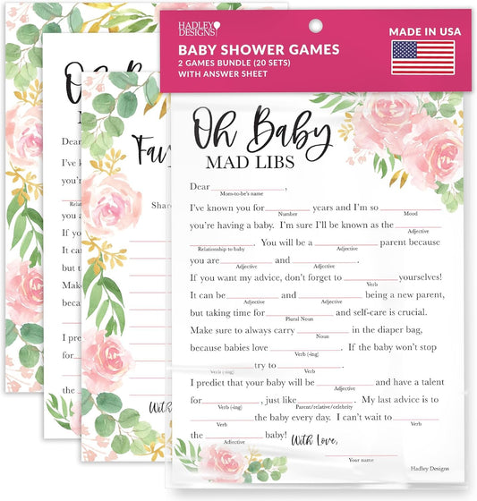 20 Floral Baby Shower Games For Girl - Hilarious Baby Shower Games Girl, Advice Cards Baby Shower Mad Libs Game Funny, Family Tradition Cards For Baby Shower, Baby Girl Baby Shower Games Funny