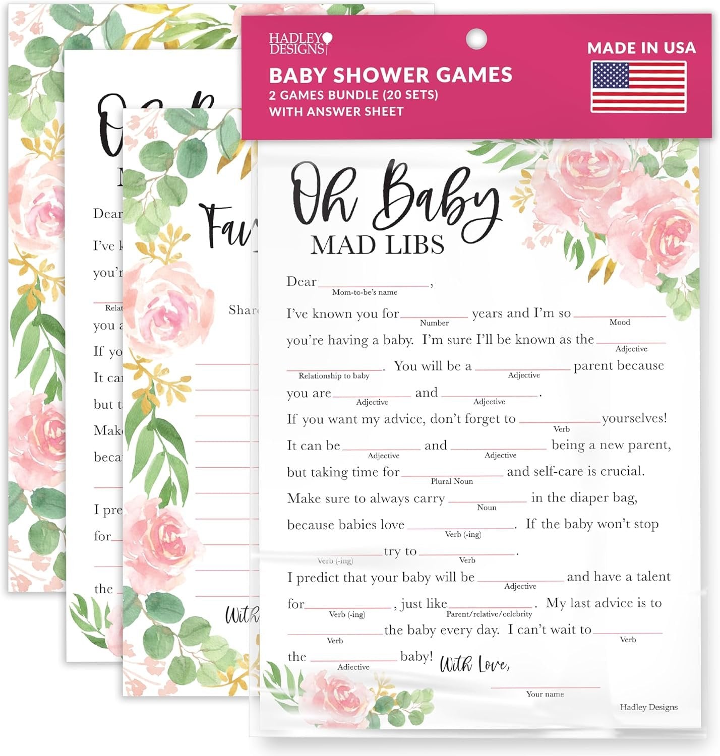 20 Floral Baby Shower Games For Girl - Hilarious Baby Shower Games Girl, Advice Cards Baby Shower Mad Libs Game Funny, Family Tradition Cards For Baby Shower, Baby Girl Baby Shower Games Funny