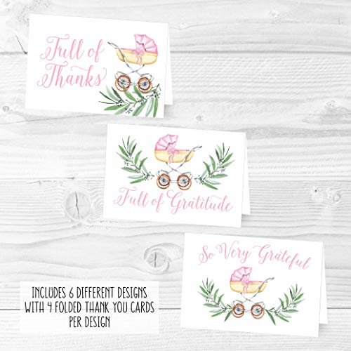 Pink Baby Carriage Folded Thank You Cards | Set of 24 | Baby Shower