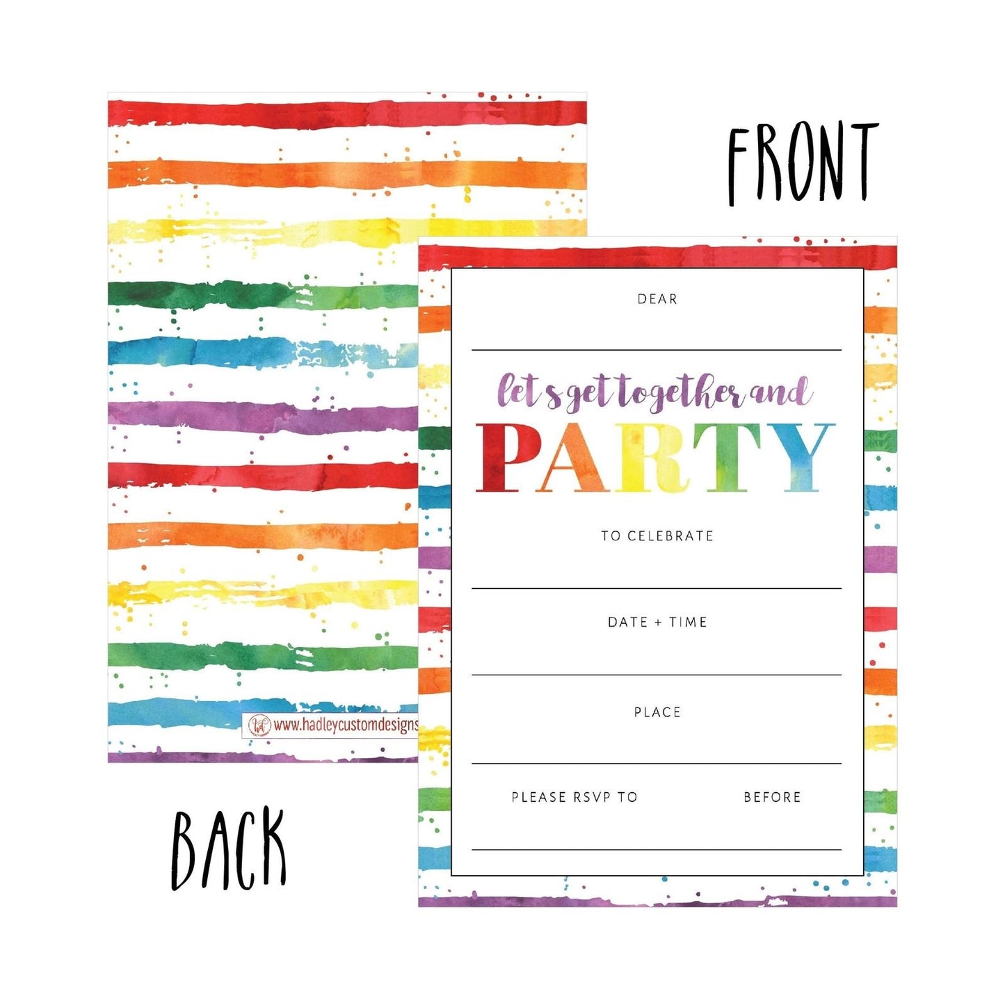 25 Art Stripe Rainbow Party Invitations for Kids, Teens, Adults, Boys & Girls, Blank Children Happy 1st Birthday Invitation Cards, Unique Baby First Bday Invites Toddler 1 2 3 Year Old Invites Fill In