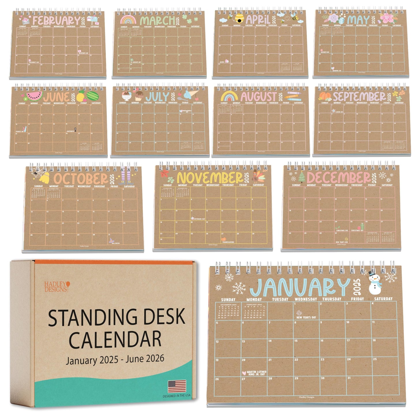 Doodle Kraft Small Desk Calendar | 2025-2026 | Standing Flip Calendar