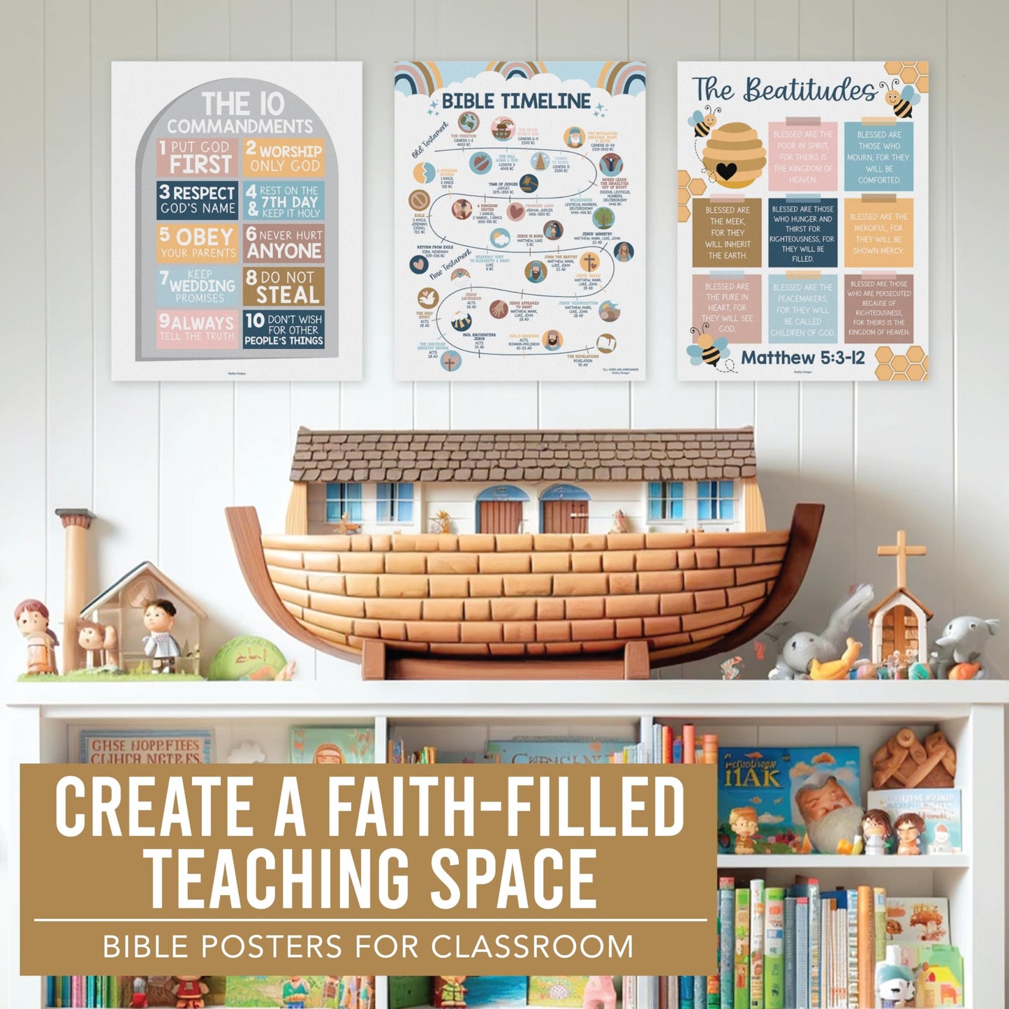 9 Boho Sunday School Decorations For Classroom - Sunday School Posters, Christian Posters, Christian Classroom Decor, Books Of The Bible Poster, 10 Commandments For Kids, Bible Timeline Chart