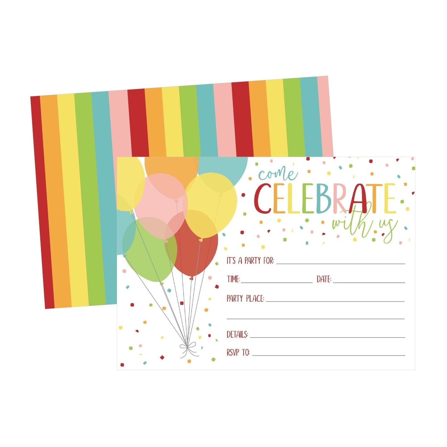 25 Rainbow Balloon Party Invitations for Kids, Teens, Adults, Boys & Girls, Blank Children Happy 1st Birthday Invitation Cards, Unique Baby First Bday Invites, Toddler 1 2 3 Year Old Invites Fill In