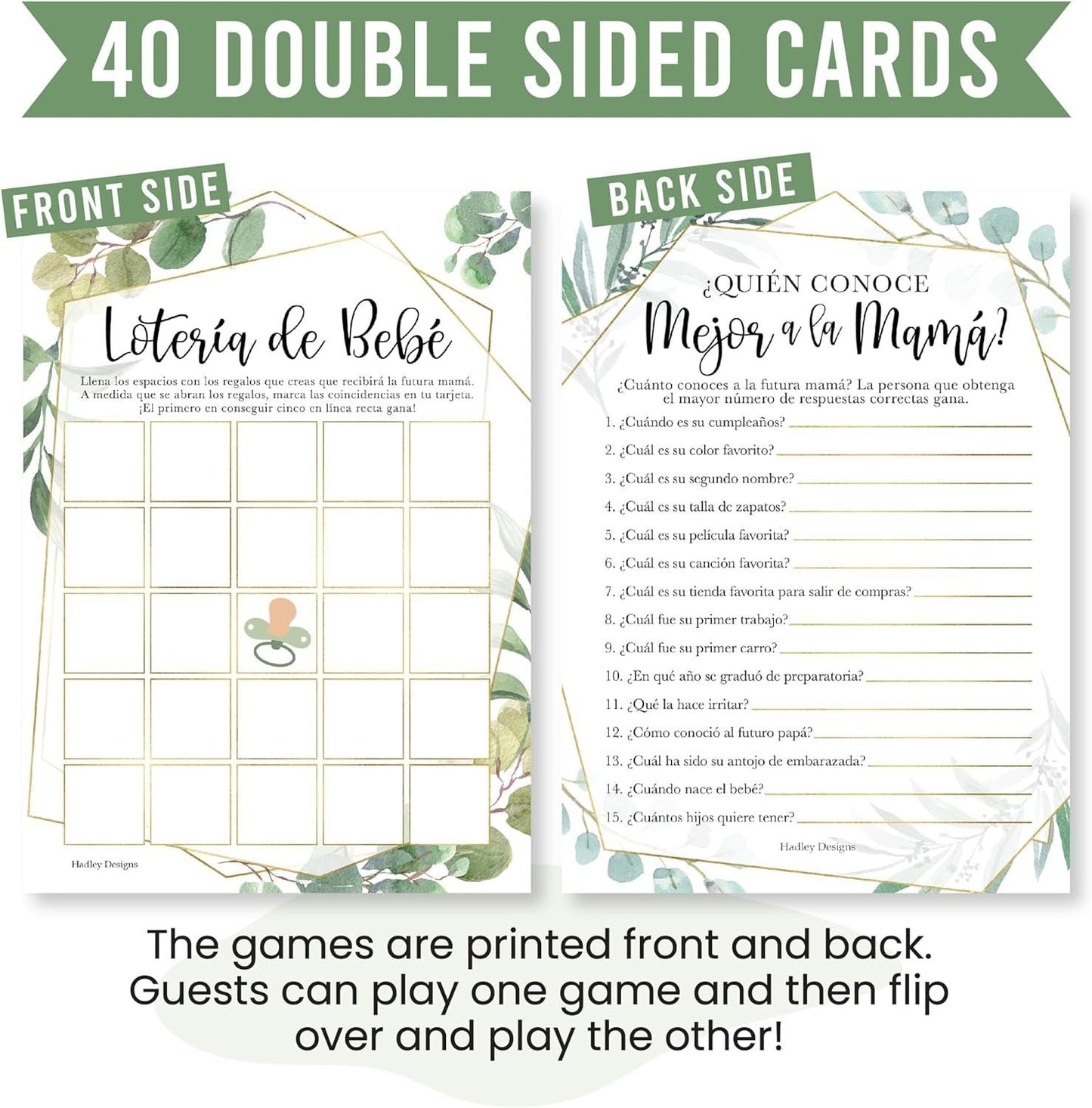 Spanish Baby Shower Games | Set of 40 | Party Supplies
