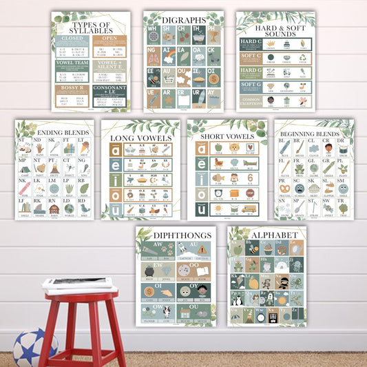 Greenery Phonics & Vowel Posters | Set of 9 | Educational Posters