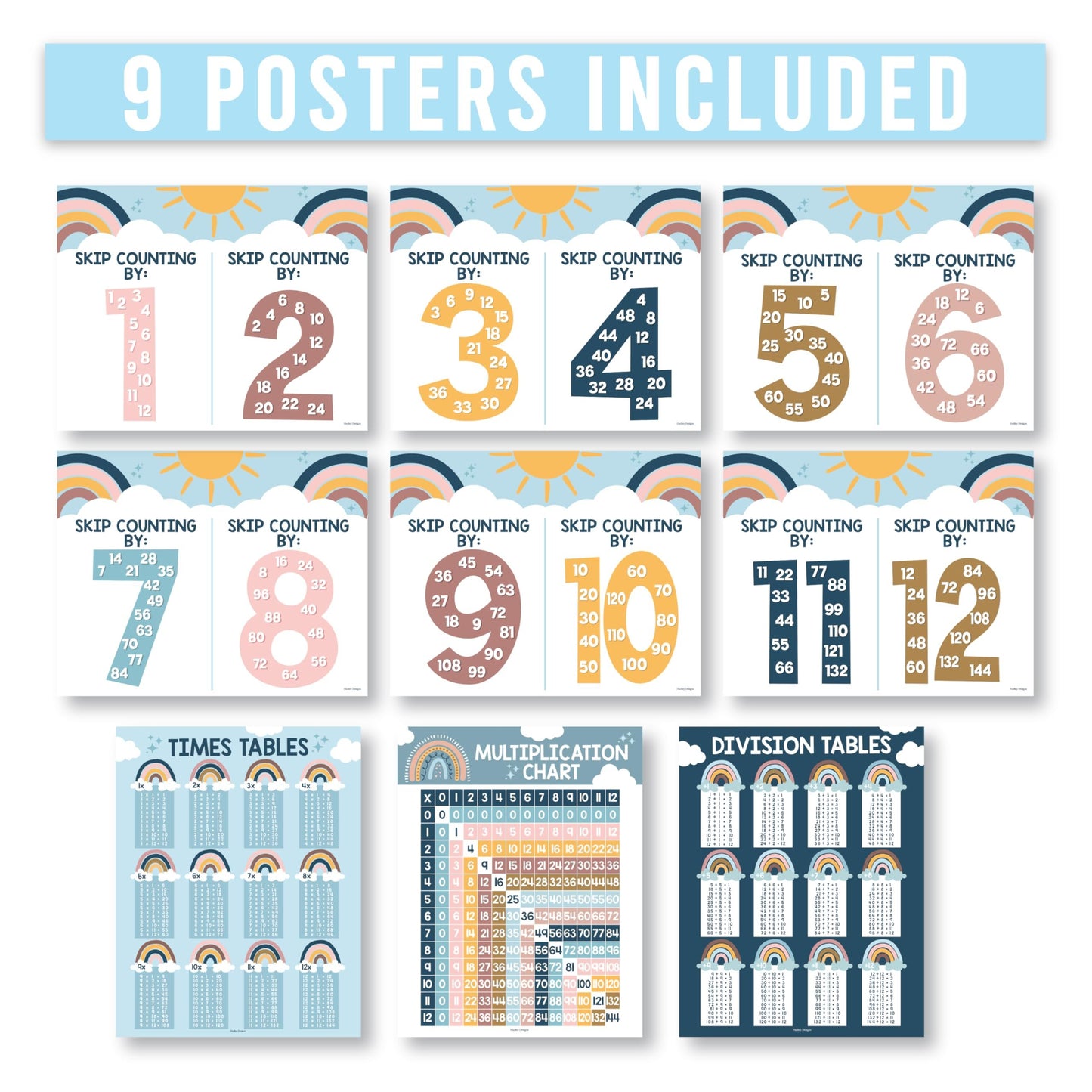 9 Boho Multiplication Chart Poster For Wall - Multiplication Poster For Kids, Multiplication Table Charts, Kids Multiplication Table Poster, Kids Multiplication Table Poster, 5th Grade Math Posters