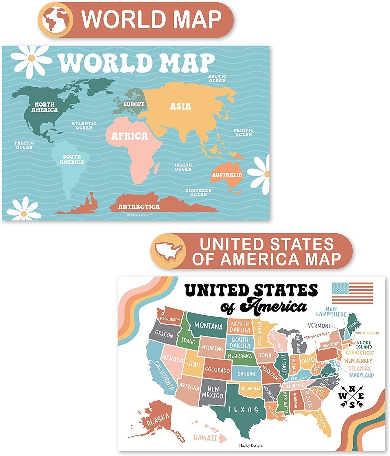ABC, US Map, World Map, Solar System Posters | Set of 4 | PreK Educational Posters