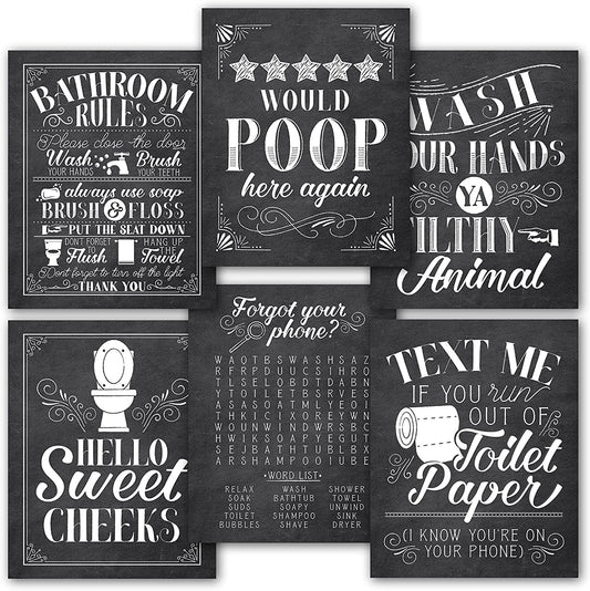 Rustic Black Bathroom Wall Art | Set of 6 Reversible | Home Decor