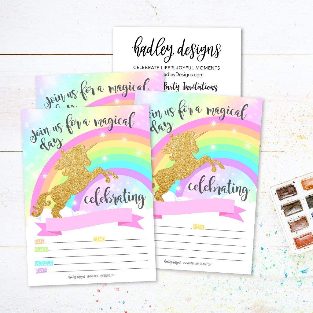 25 Gold Glitter Unicorn Kids Party Invitations