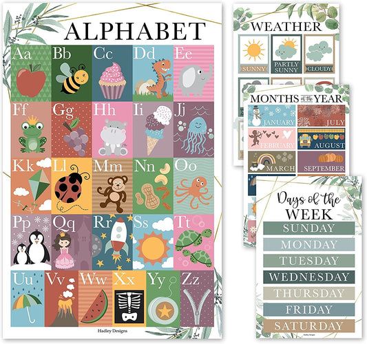 4 Greenery Kids Educational Posters For Toddlers - Alphabet Poster For Toddlers, Days Of The Week For Kids, Months Of The Year For Classroom Decorations For Teachers, Kindergarten Homeschool Supplies