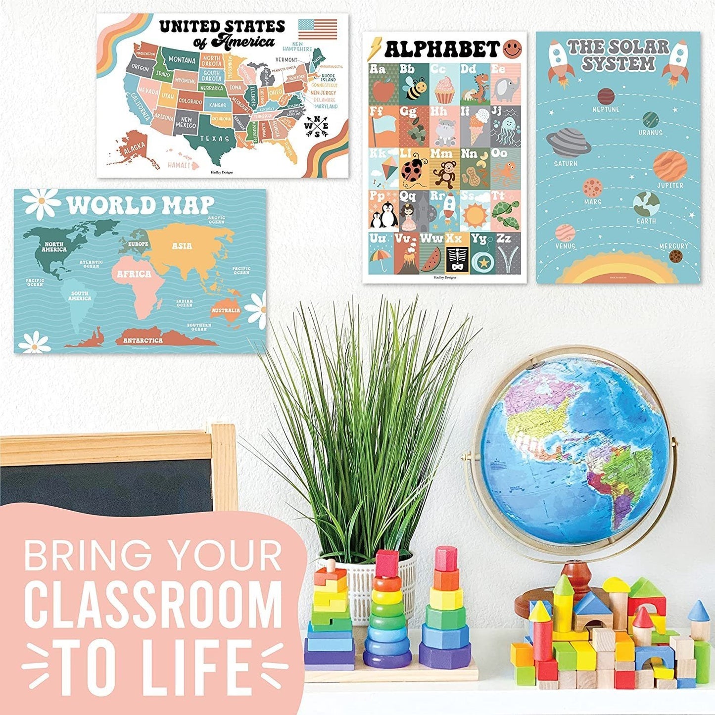 Retro ABC, US Map, World Map, Solar System  Posters | Set of 4 | PreK Educational Posters