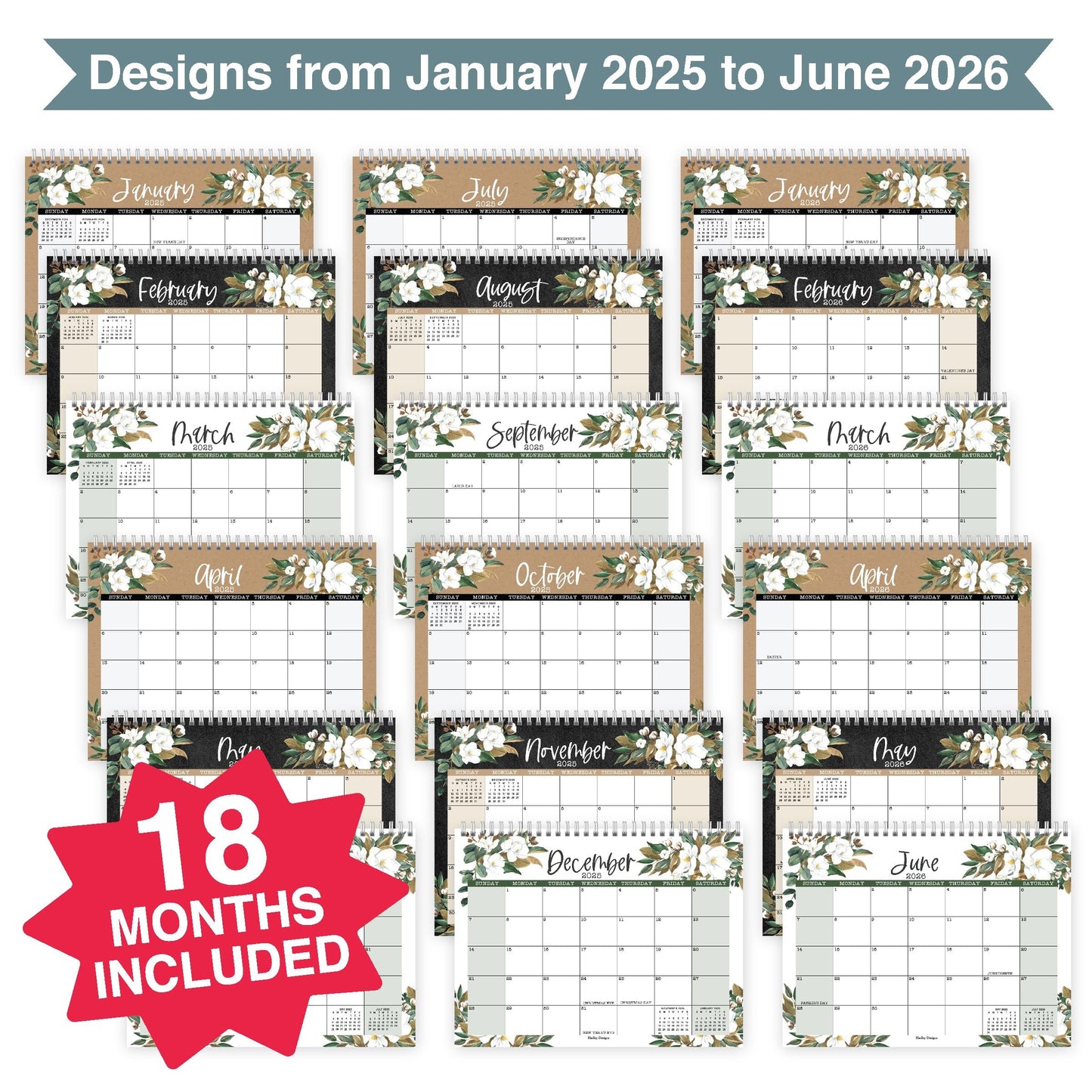 Magnolia Small Desk Calendar | 2025-2026 | Standing Flip Calendar