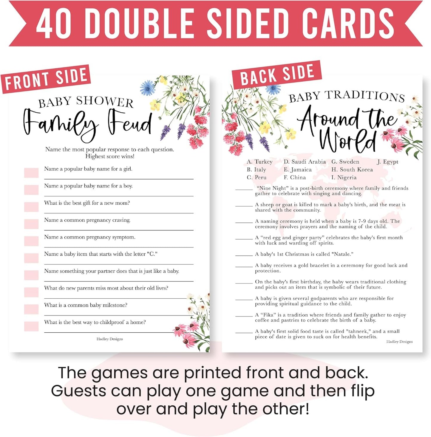 40 Floral Baby Shower Games For Girl - Who Knows Mommy Best Baby Shower Game, Guess Who Mommy Or Daddy Baby Shower Game, Baby Games For Baby Shower Family Feud Game, Girl Baby Shower Tradition Cards