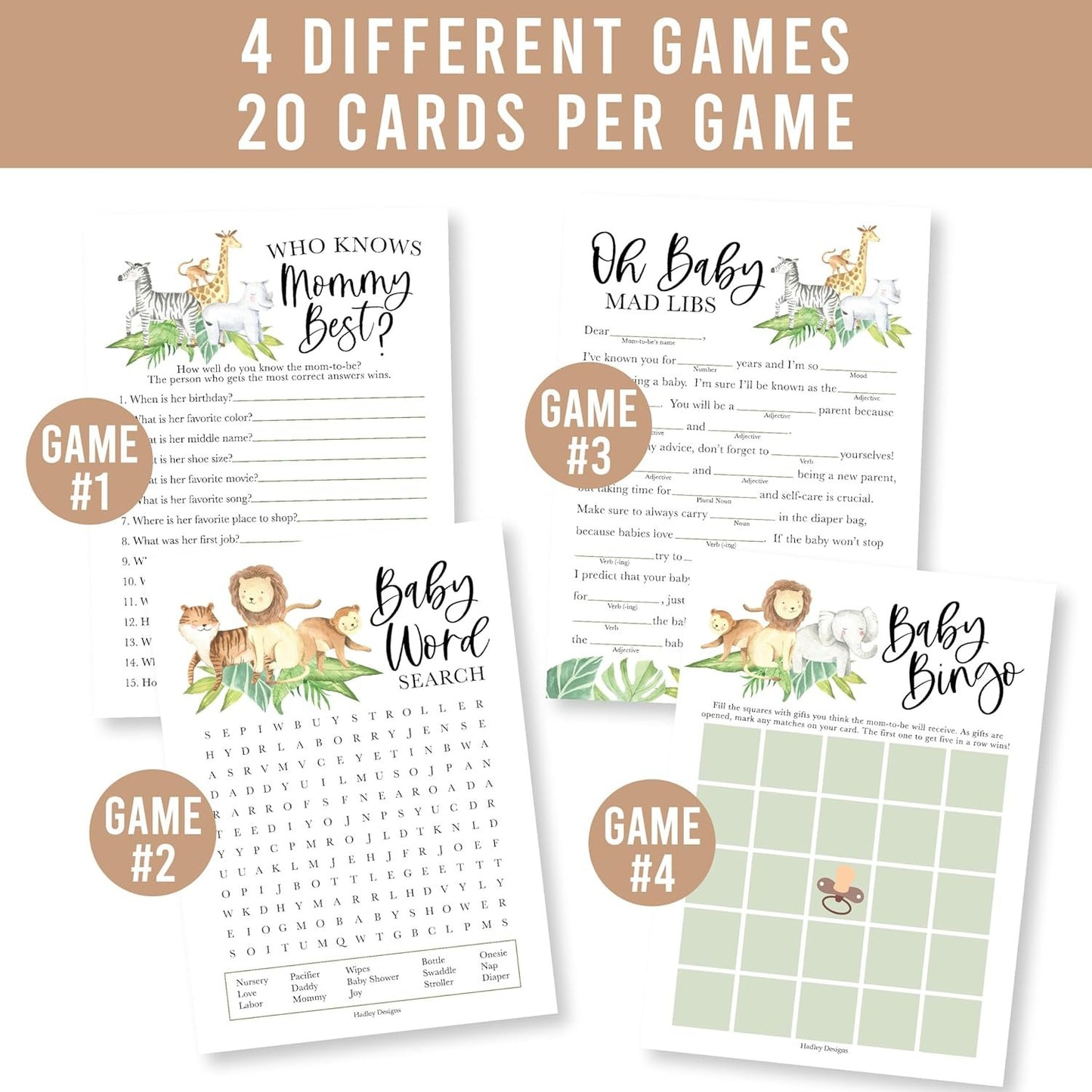 40 Safari Baby Shower Games Gender Neutral - Baby Girl Baby Shower Bingo Game Girl, Who Knows Mommy Best Baby Shower Game, Baby Boy Baby Shower Word Search Game, Advice Cards Baby Shower Mad Libs Game