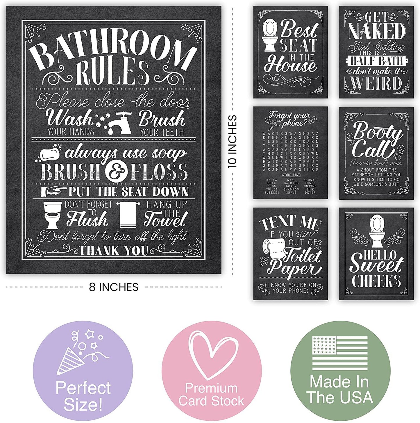 Rustic Black Bathroom Wall Art | Set of 6 Reversible | Home Decor