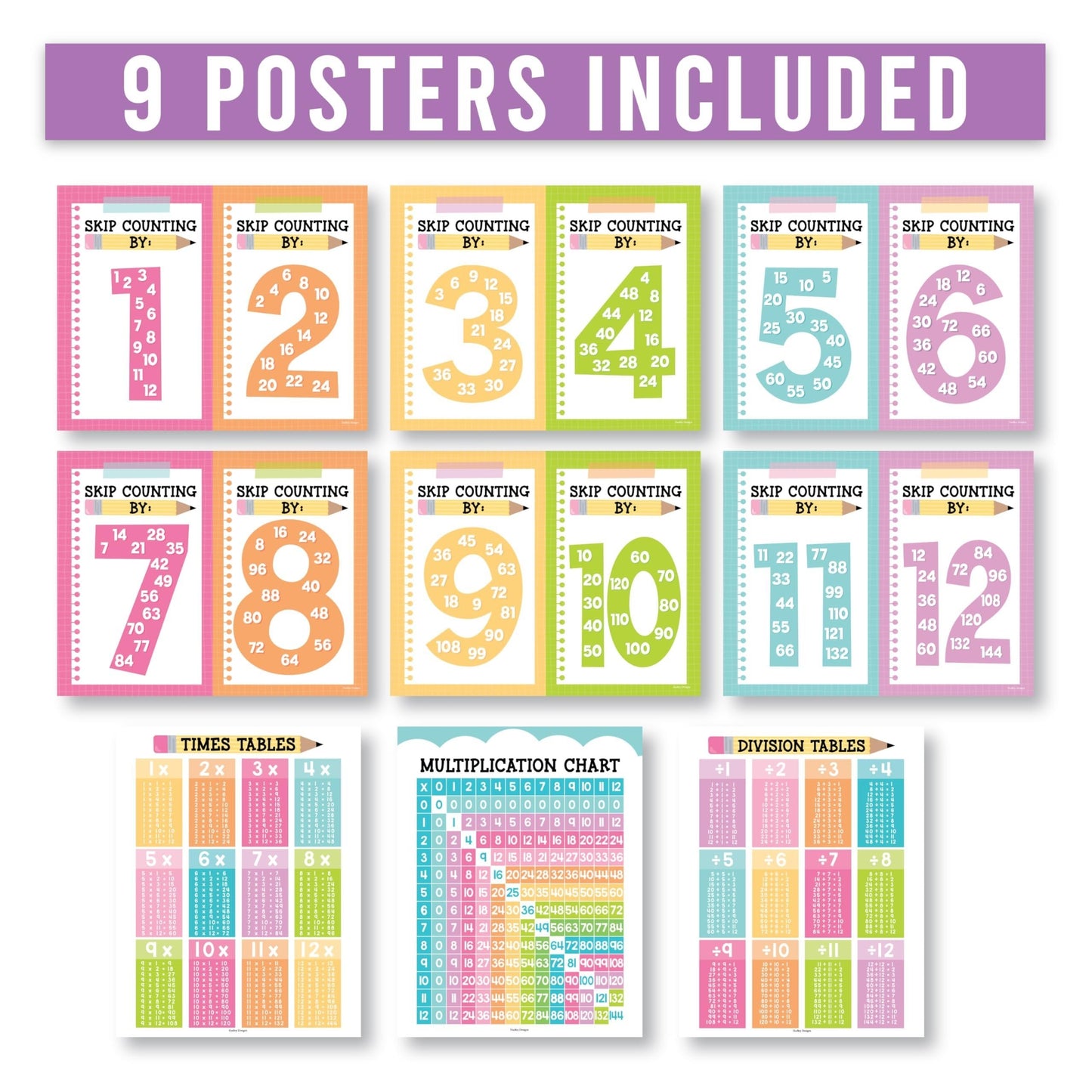 Colorful Pastel Multiplication Posters | Set of 9 | Classroom Supplies