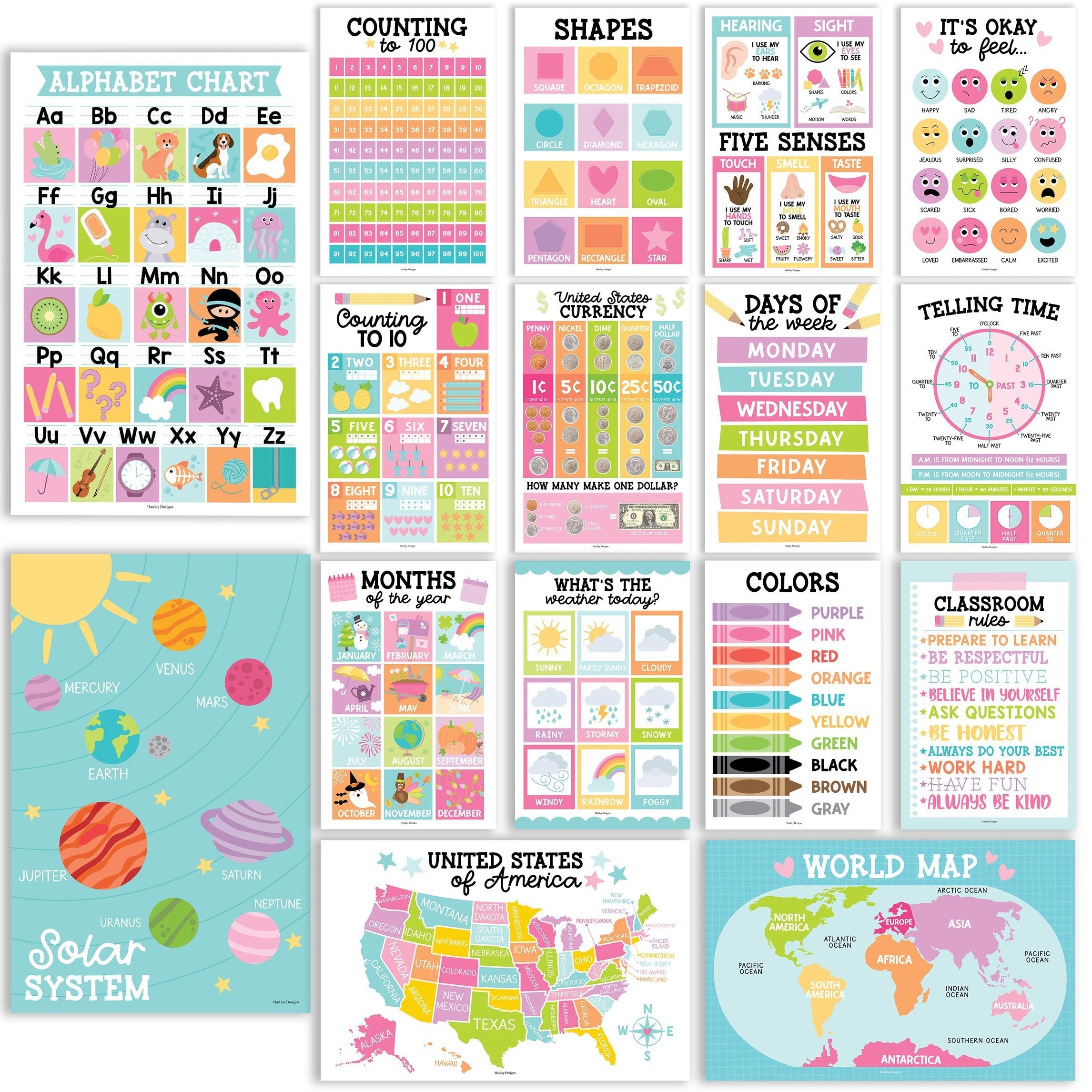 PreK Educational Posters | Set of 16 | Classroom Supplies
