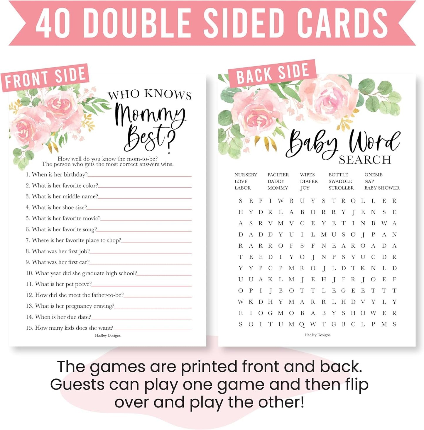 40 Floral Baby Shower Games For Girl - Baby Games For Baby Shower Bingo Game Girl, Who Knows Mommy Best Baby Shower Game, Baby Girl Baby Shower Word Search Game, Advice Cards Baby Shower Mad Libs Game