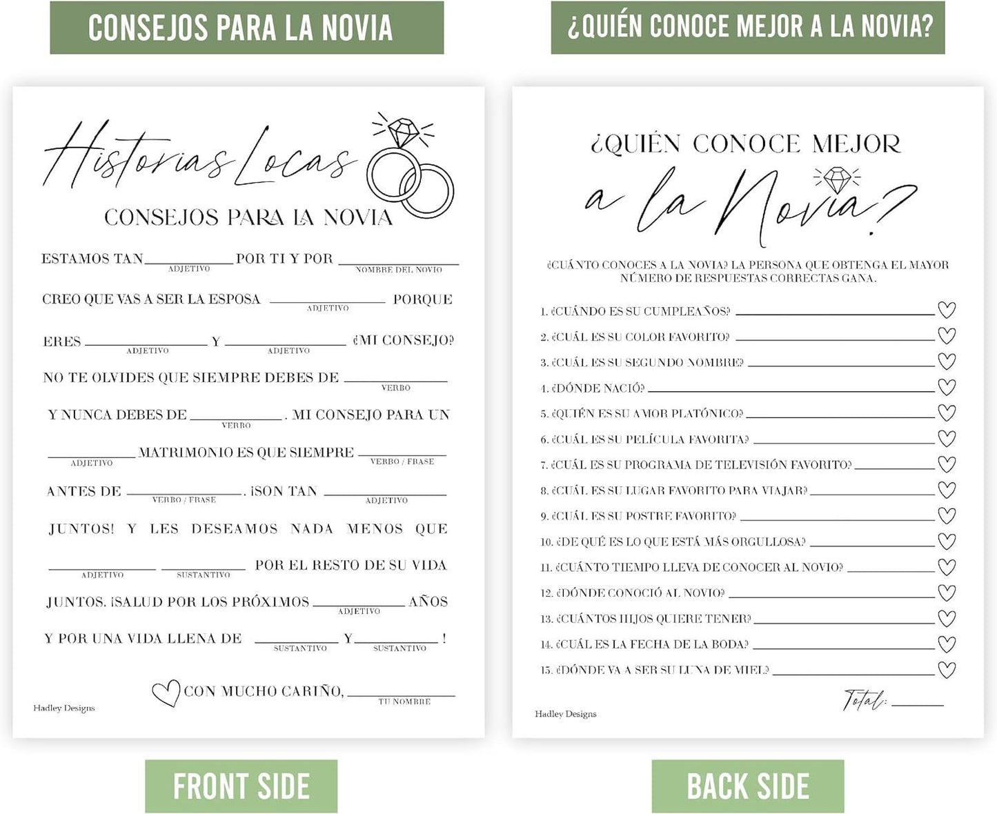 Spanish Bingo, Trivia, Mad Libs | Set of 20 | Spanish Bridal Shower Games