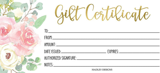 25 Pink & Gold Floral Blank Gift Certificates for Small Business, Paper Voucher for Massage, Hair & Nail Salon Spa, Restaurants, and DIY Coupon Cards for Birthday, Mom Valentines Day, Him & Her, 4x9"