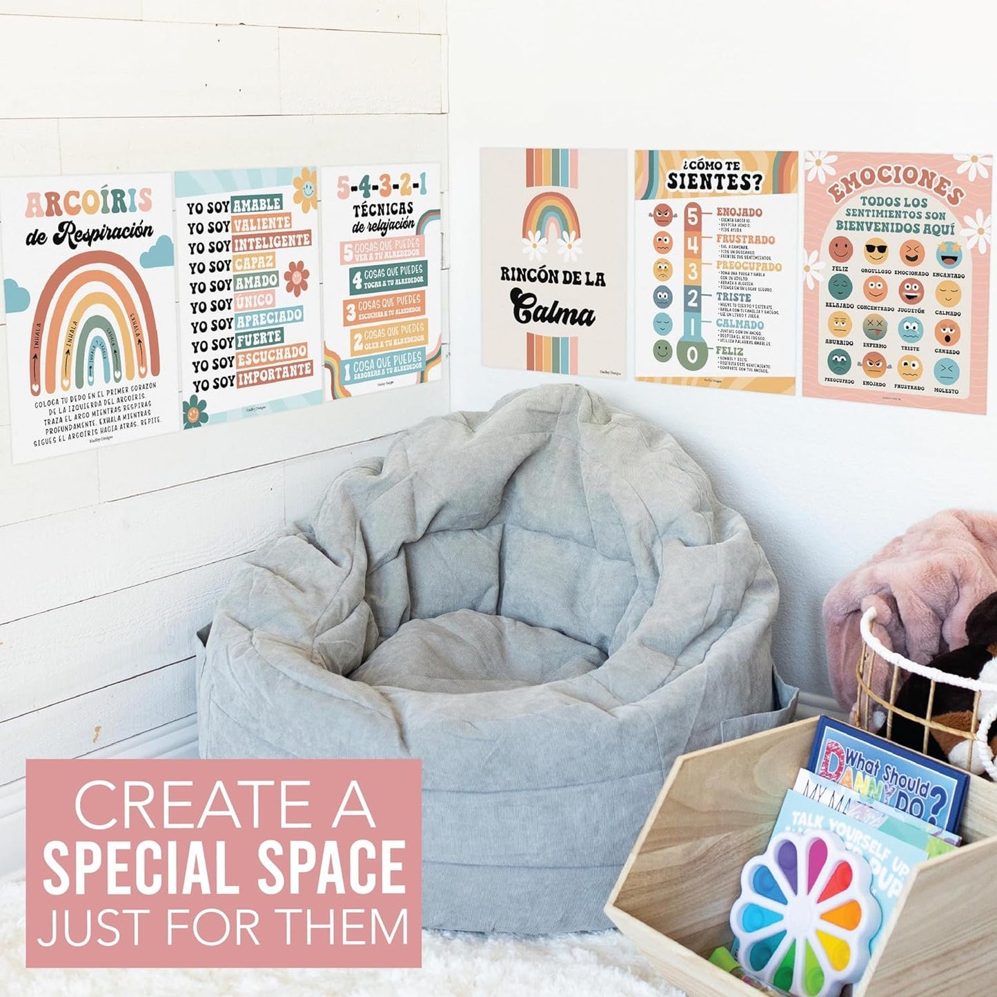 6 Retro Spanish Classroom Decorations for Teachers - Spanish Classroom Posters Elementary, Calm Down Corner Posters Spanish Classroom, Emociones Poster Spanish, Afirmaciones Positivas Español Poster