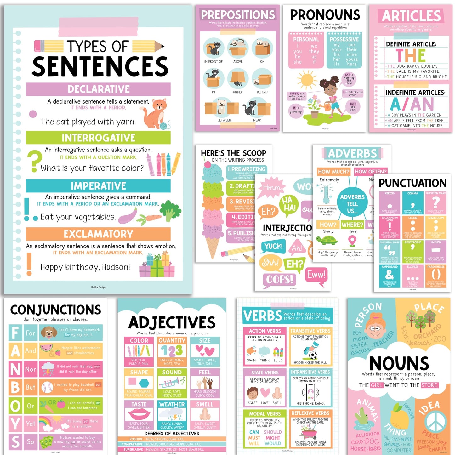 Colorful Pastel Parts of Speech Posters | Set of 12 | Educational Posters