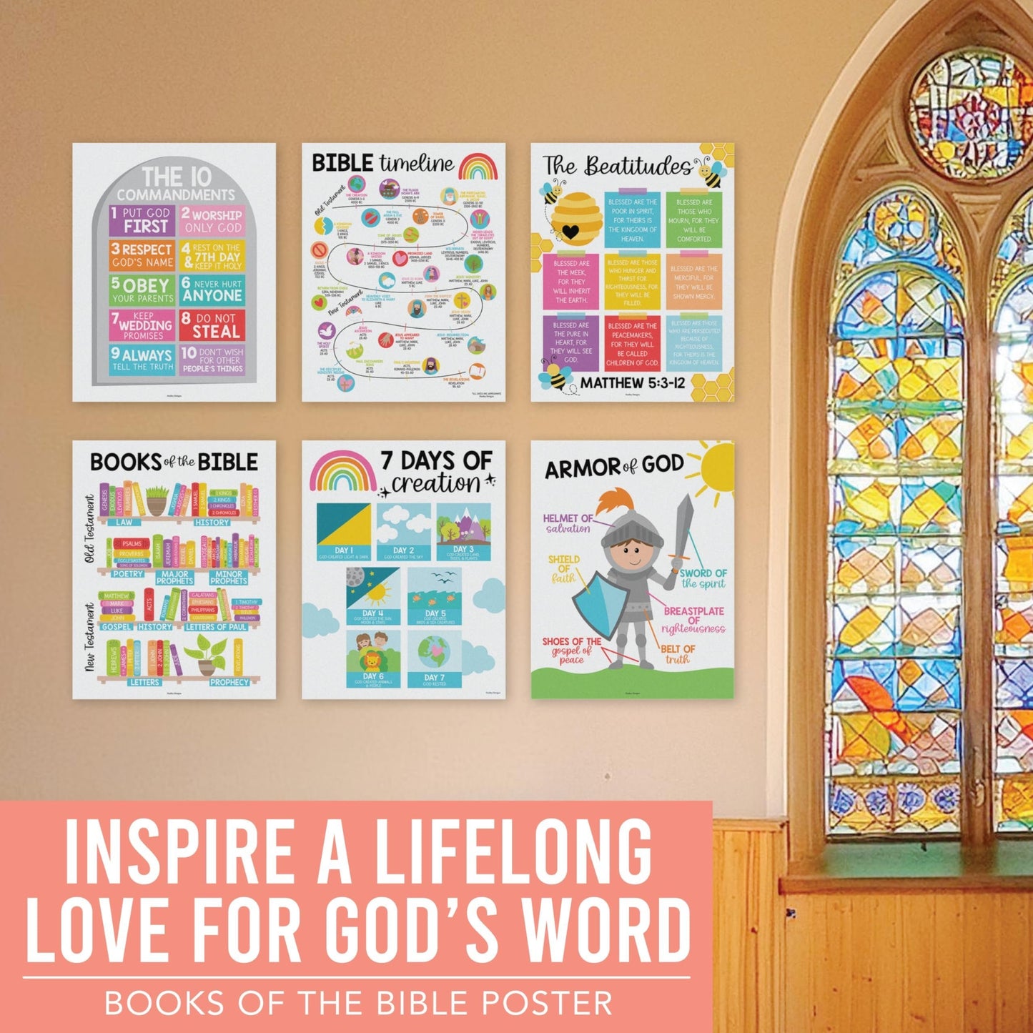 Colorful Rainbow Bible Posters| Set of 9 | Sunday School Classroom