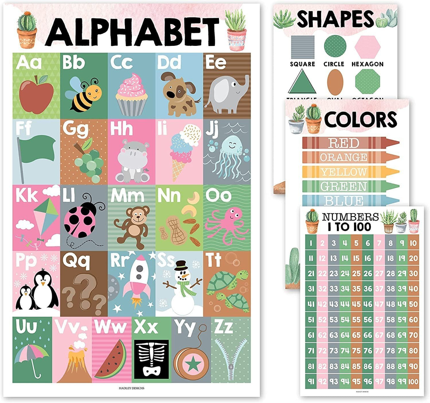 Cactus Posters | ABC, Numbers 1-100, Colors, and Shapes | Set of 4